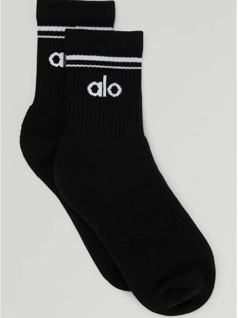 ALO Yoga Black Crew Athletic Socks with White Stripe and Logo